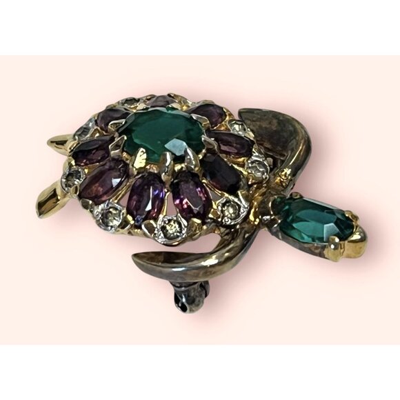 HIGH END NUMBERED 50’s Purple Glass Rhinestone Open Back Turtle Figural Brooch - Picture 4 of 8